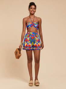 Travachic 2pcs Women Set: Printed Halter Crop Top & High Waist Loose Shorts,Summer Outfits For Women,Beachwear,Easter,Beach Outfits For Woman,Spring Break,Vacation Outfits Women,Concert Outfit Women,BOHO,Music Festival,Tropical Vacation Woman Clothes,Romantic