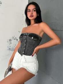 RueChic Casual Distressed Snap Front Camisole Denim Top - Dark Grey - View 4