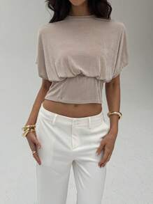 Aloruh Khaki Metallic Thread Elegant Knit T-Shirt For Work,Graduation,Back To School Outfits - Khaki - View 6