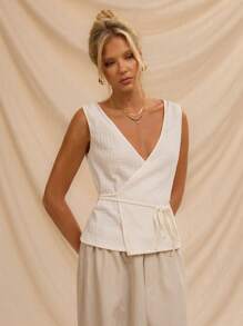 Avantive 白色纹理不对称系带无袖上衣，适合女士度假和休闲装夏威夷女装白色女装便宜衣服 - 白色 - 查看 4