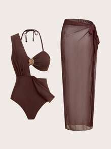 Swim Oasis 1set Women Metal Decor Hollow Out Halter One-Piece Swimsuit Top With Matching Sarong Wrap & Skirt Swimsuit Set, For Vacation For Summer