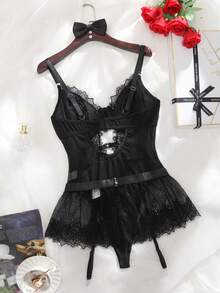 Seduluxe 2pcs Sexy Black Lace Patchwork Lingerie Set (Without Garter Belt) - Black - View 2