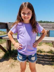 SHEIN Young Girls Basic Round Neck Short Sleeve Purple T-Shirt Young Girls T Shirt Girl Clothes For Kids Young Girls T Shirts Girls Plain T Shirts - Mauve Purple - View 5