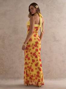 Glamine Abito lungo estivo da donna in stile romantico da vacanza primaverile ed estiva, con spalline a collo alto, decorazione in metallo a forma di stella marina, stampa floreale in rete, taglio aderente ed elastico, senza maniche