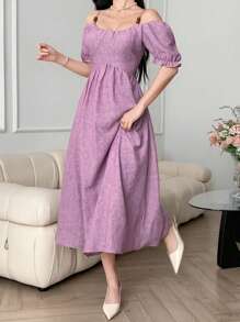 女士V领泡泡袖露肩收腰连衣裙，紫色，休闲女装 - 紫色 - 查看 7