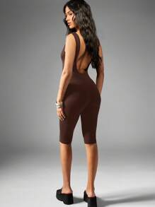 MISSGUIDED Sleeveless Unitard Bodysuit Athletic Jumpsuit Workout Dance Yoga Performance Sport Fitted Active Wear Open Back Fitted Catsuit - Mocha Brown - View 2