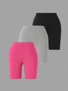 Sparklyn 3 件套青少年女孩纯色休闲针织短裤，春夏季（仅短裤，不含上衣）夏季假期 - 彩色 - 查看 3