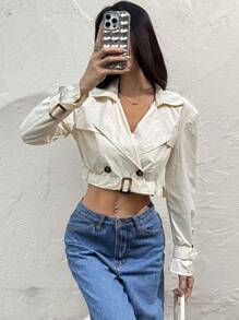 SHEIN EZwear Women Plain Color Lapel Neck Double-Breasted Short Wind Jacket - Apricot - View 3