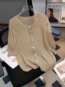 Franclia New Stylish Round Neck Puff Sleeve Knit Top For Women - Apricot - View 3