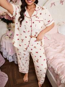SweetSlumber Conjunto de pijama talla grande con estampado de conejo con moño, arrugado y holgado