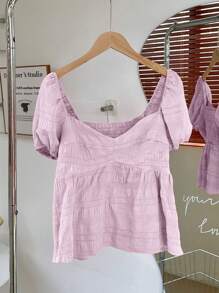 SHEIN Unity 女式红色短袖衬衫，高科技材料制造，方领，收腰，纽扣设计 - 淡紫色 - 查看 4