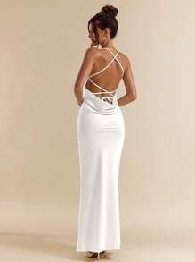 SHEIN BAE Apricot & White Deep V-Neck Backless Tie-Up Dress, Elegant Long Dress For Vacation, Wedding Bridesmaid, Birthday Party, Back To School Graduation, Spring/Summer,Bodycon Dress - White - View 2