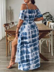 SHEIN VCAY Plus Size Women Batik Dyeing Blue And White Strap V-Neck Off Shoulder Short Sleeve A-Line Dress, Suitable For Beach, Island, Boho, Hippie, Music Festival, Vacation Coconut Girl Summer Outfits For Women Country Concert Outfit Beach Outfits For Woman Graduation Outfit Beach Vacation Outfits  Brunch Outfits For Women Western Clothes For Women Cowgirl Outfit  Airport Outfit For Women  City Break Outfits Holiday Outfits Old Money European Summer Outfit  Off The Shoulder Dress Light Blue Dress Navy Blue Dress Navy Blue Dress Women Boho Dress Women - Blue and White - View 2