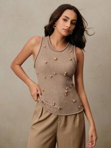Anewsta Summer Cool Thick Knit Hollow-Out Metal Mirrored Beaded Rolled Hem Vest - Khaki - View 6