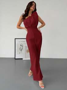 Firerie Valentinstag Neu Einfach Elegant 3D strukturierter Plissee-Design Ärmellos Taille Raffung Weiß Jumpsuit, geeignet für den Berufsverkehr - Bordeaux - Übersicht 3