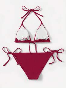 SHEIN Swim 2022 Women Solid Color Halter Lace-Up Sexy Bikini Swimsuit Sets For Summer Beach Vacation - Burgundy - View 2
