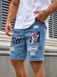 Manfinity LEGND 大码男士大卫字母印花口袋破洞休闲牛仔短裤男士 Emo 风格 - 淺色水洗藍 - 查看 4