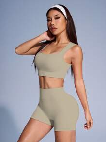Easithlete 女士纯色罗纹针织运动文胸和短裤套装 女士健身套装 - 卡其色 - 查看 4