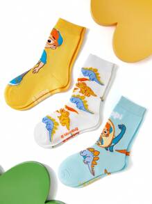 Blippi X SHEIN 3 Pairs Cartoon Figure Graphic & Dinosaur Pattern Kids Socks Set, 100% Cotton