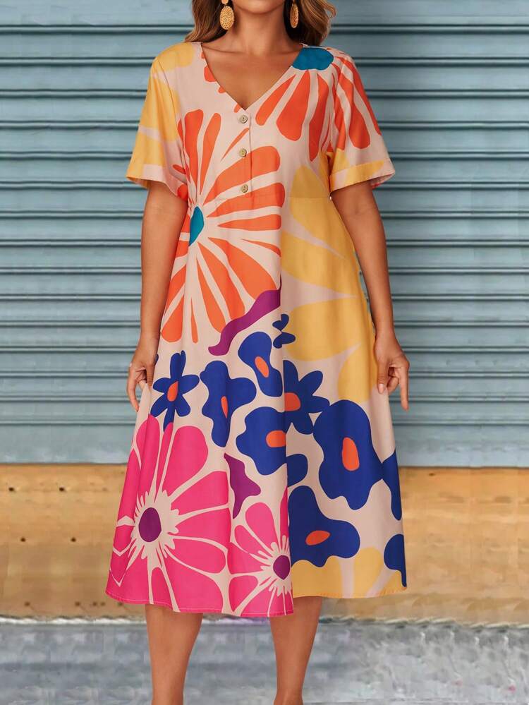 Plus Size V-Neck Short Sleeve Casual Summer Dress Vacation Outfit For Women Summer Outfits For Women,Boho Women's Clothing
