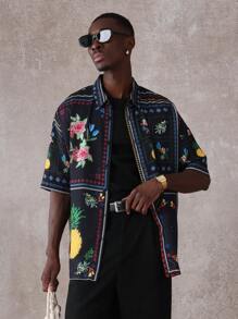 SUMWON Resort Shirt Short Sleeve Summer Floral Pineapple Print Button Down Casual Hawaiian Vacation Beach Party Tropical Retro Aop Mens Fashion Streetwear