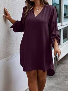 SHEIN LUNE 大码女式纯色V领翻边直筒休闲连衣裙 - 紫色 - 查看 3