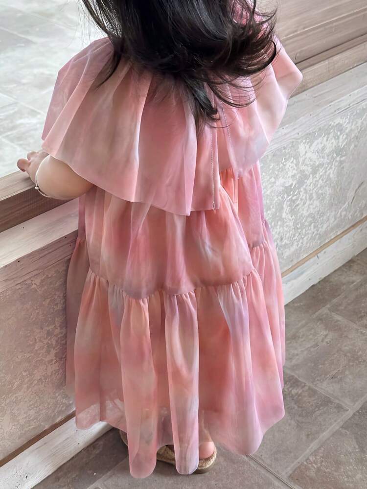 Toddler Girls' Round Neck Casual Mesh Short Sleeve Ruffle Hem Summer Short Sleeve Dress