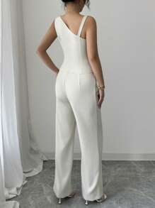 Elenzga 女士春夏无袖纽扣背心和直腿纽扣裤套装 - 杏色 - 查看 2