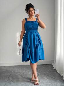 Elenzga 优雅休闲下午茶大码女式短款荷叶边吊带百褶连衣裙，蓝色 - 藍色 - 查看 6