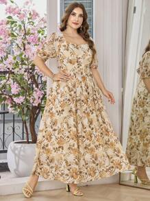 Modelyn Plus Size Ditsy Floral Square Neck Short Sleeve Pleated Waist Slim Fit Casual Dress - Multicolor - View 1