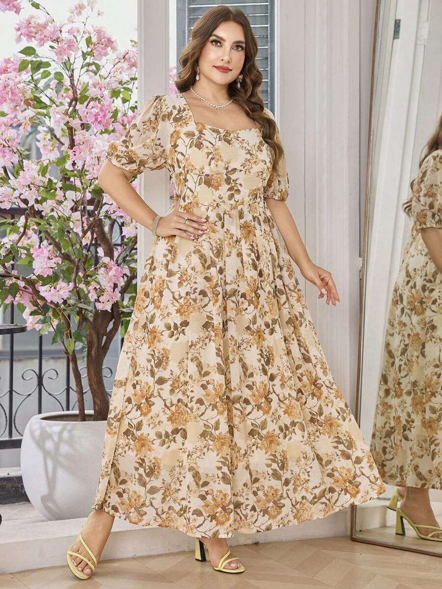 Modelyn Plus Size Ditsy Floral Square Neck Short Sleeve Pleated Waist Slim Fit Casual Dress - Multicolor - View 1