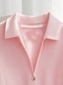 SHEIN LUNE 女士优雅领口小V装饰纽扣A字腰短袖连衣裙 - 粉色 - 查看 4