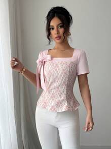Chiquease Elegante Bluse für Frauen mit quadratischem Ausschnitt, Taillenzug mit Schleife, Kurze Ärmel, Rosa