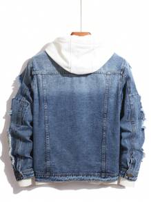 Manfinity Homme Chaqueta vaquera de manga larga con botones y desgarros para hombre, de moda para el verano y el otoño - Azul lavado medio - Ver 2