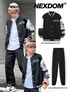 SHEIN 2 件青少年男孩黑白拼色夹克和运动裤套装，印有标志，适合秋季、冬季、休闲、运动、生日派对、日常穿着 - 黑與白 - 查看 4