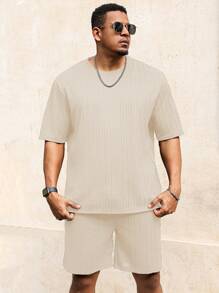 Manfinity Homme Plus Size Men Summer Casual Solid Color T-Shirt & Shorts Set - Beige - View 5