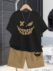 SHEIN 2pcs Tween Boys Casual Minimalist Round Neck Short Sleeve T-Shirt And Shorts Set, Suitable For Summer - Khaki - View 1