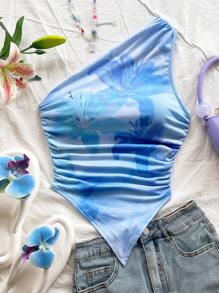 Soleia 全新度假针织枫叶印花褶皱单肩吊带背心上衣