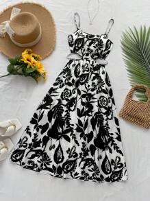 Soleia Women's Vacation Black Floral Print Hollow Out Waist Sleeveless Long A-Line Dress, Suitable For Christmas, Party, Valentine's Day, Date, Afternoon Tea - Black and White - View 7