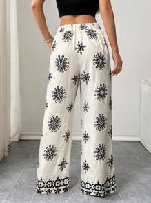 Chiquease Women's Flower Print Belted Loose Wide Leg Casual Pants Fall Cloth For Women