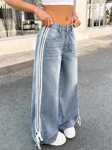 SHEIN 少女 Y2K 时尚条纹蝴蝶结宽松复古休闲斜口袋直筒牛仔裤，春夏假期 - 淺色水洗藍 - 查看 3
