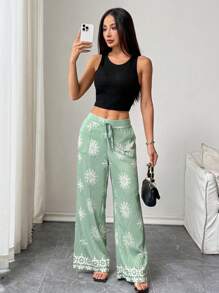 Breezaya 女士几何印花宽松休闲度假裤 - 綠色 - 查看 6