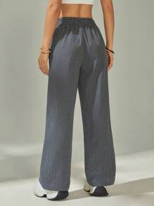 SHEIN PETITE Women's Letter & Striped Pockets Casual Straight-Leg Pants Y2k - Grey - View 2