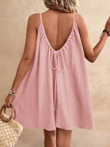 SHEIN Frenchy 夏季女式吊带波西米亚风太阳裙，必备款，夏季服装，婚礼季必备款，Cottagecore 抽绳连衣裙，太阳裙女式棉质连衣裙 - 淺粉色 - 查看 4