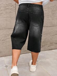 Manfinity Homme 男式宽松贴袋磨边休闲牛仔短裤 - 黑色 - 查看 2