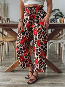SHEIN VCAY Plus Size Women Leopard Floral Print Drawstring Waist Straight Leg Pants - Multicolor - View 3