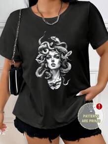 Flirla 大码女式蛇纹印花短袖T恤夏季图案T恤女式上衣 - 黑色 - 查看 3