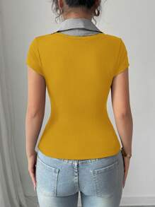 Chiquease Rafferiza 女士奶油黄休闲通勤优雅商务休闲度假舒适成熟优雅性感V领条纹拼接二合一外出上衣黄色罗纹面料高弹修身短袖老钱风格灵气风格春夏T恤 - 黃色 - 查看 2