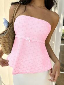 Vacation Solid Color Embroidered Bowknot Decor Cropped Tank Top - Pink - View 3