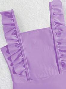 Young Girl Solid Color Ruffle Square Neck One Piece Swimsuit - Mauve Purple - View 4
